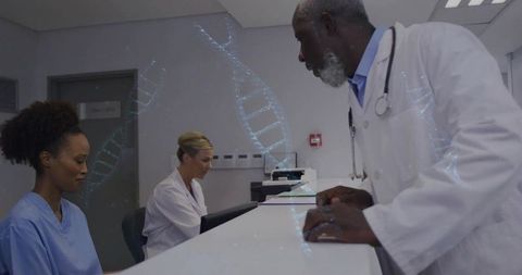 Senior physician consulting clinic staff at reception desk with dna helix overlay framing genomics
