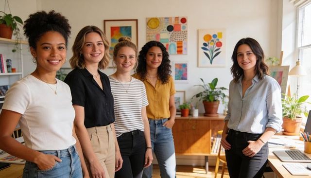 Smiling diverse women colleagues standing in bright creative studio workspace, teamwork