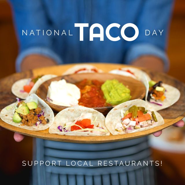 Image captures the essence of National Taco Day with various tasty tacos arranged on a wooden plate. Great for highlighting Mexican cuisine and promoting food-related celebrations. Perfect for marketing campaigns, social media, and promoting local restaurants, especially those focusing on street food and Mexican dishes.