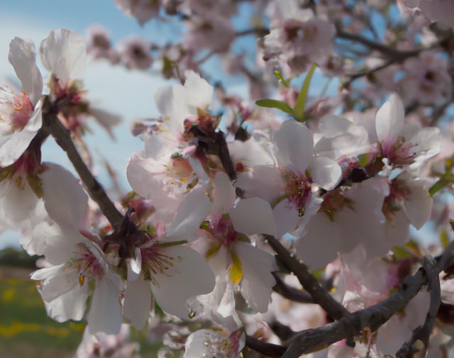 Beautiful close-up of blossoming cherry blossoms, perfect for spring-themed designs, nature articles, or gardening blogs. Great for backgrounds or banners highlighting seasonal beauty and freshness.
