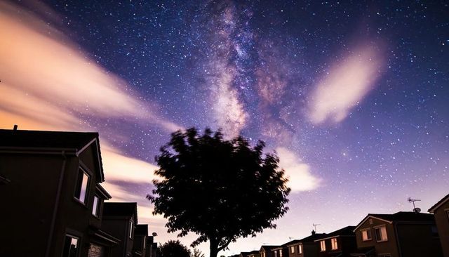 Milky way rising over suburban street framing central tree silhouette and rooftop antennas