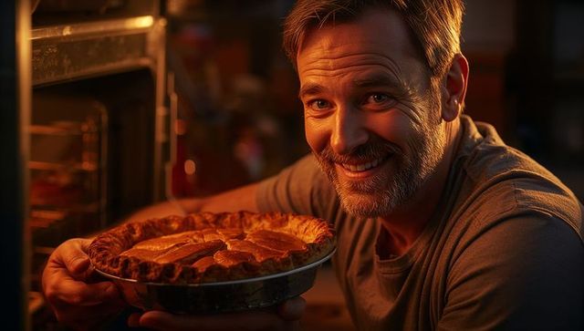Smiling man holding freshly baked pie near open oven, warm cozy home baking moment