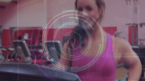 Digital Scan Overlay on Woman Running in Gym