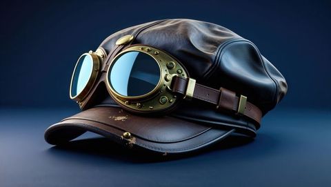 Vintage first world war leather aviator cap with brass goggles on reflective surface