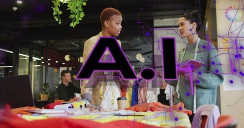 Fashion designers collaborating over fabrics with ai overlay in creative studio