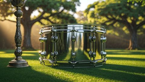 Polished metal snare drum on lush green lawn reflecting nature's elegance