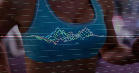 Female athlete wearing teal sports bra with workout metrics hud overlay, motion blur gym