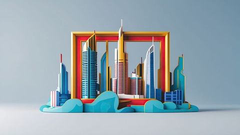 Colorful 3d cityscape model with skyscrapers in frame