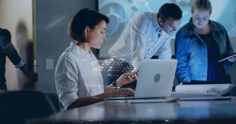 Digital Collaboration in Modern Office with Futuristic Overlay