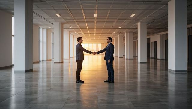 Two businessmen shaking hands in empty modern office with sunrise backlight and reflection