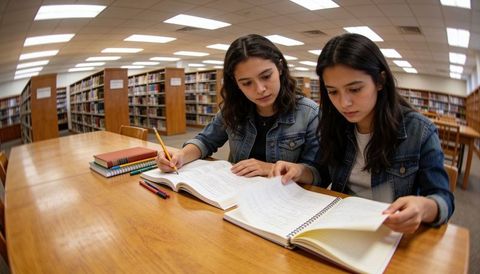 Two students studying together in library wearing denim jackets in focused study session