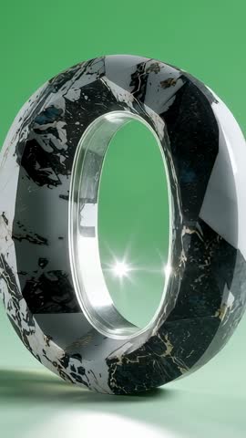 Rotating Marble Torus Catching Light on Green Backdrop, Modern Luxury Vertical Video