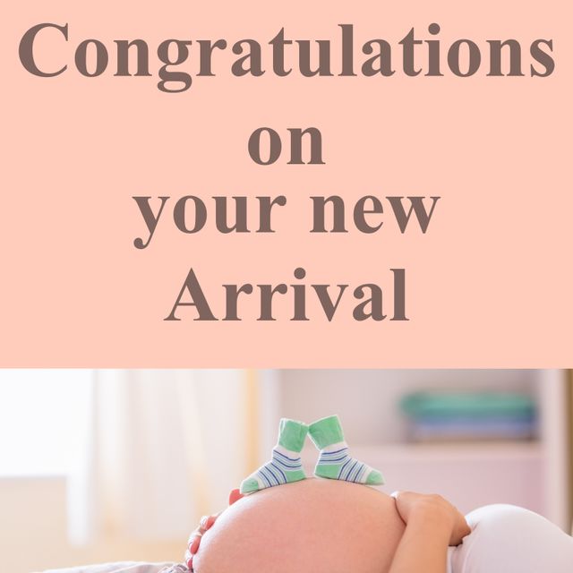 Composition of congratulations on your new arrival text over pregnant caucasian woman. New born baby, celebration and congratulation concept digitally generated image.