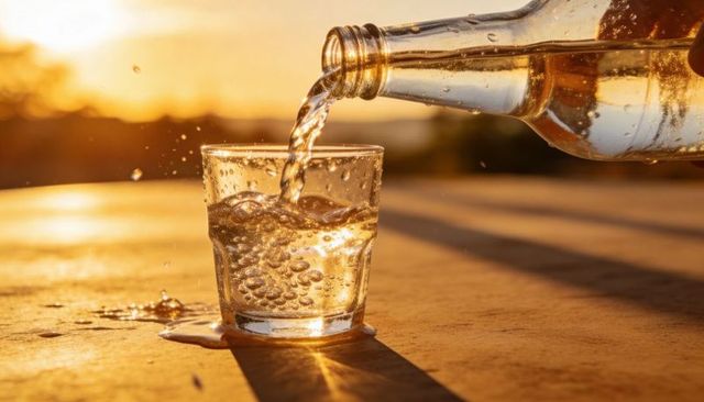 Pouring sparkling water into glass tumbler at golden hour with bubbles and backlight
