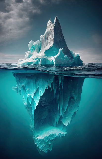 This majestic and captivating image depicts a massive iceberg above and below the waterline, offering a unique perspective on the stunning natural phenomenon in the Arctic Ocean. The brilliance of the iceberg's underwater structure contrasts beautifully against the serene ocean and sky above. Ideal for use in articles on climate change, educational materials about marine life, nature conservation campaigns, and environmental awareness initiatives.