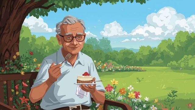 Senior man enjoys cake in serene garden setting