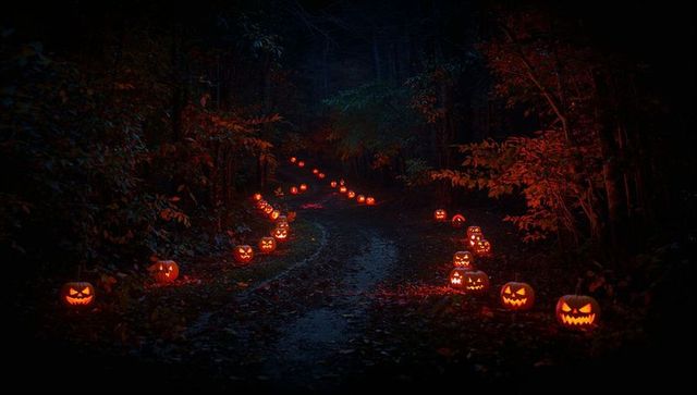 Eerie Pumpkin Lit Path Winding through Forest