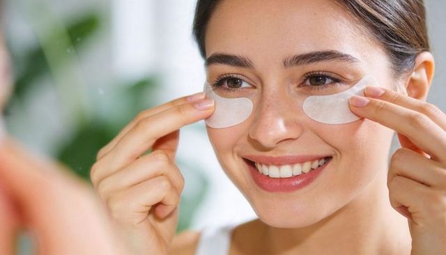 Young woman smiling while applying under-eye patches during morning skincare routine
