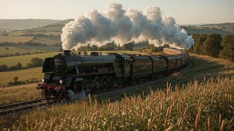 Historic steam locomotive journeying through scenic british empire countryside