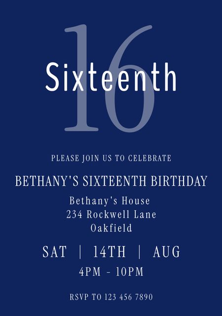 Perfect for creating stylish and sophisticated invitations for a sixteenth birthday celebration. Ideal for personalizing with birthday person?s details, time, and venue. Suitable for printing or digital use.