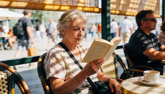 Senior woman reading paperback at sunlit outdoor cafe terrace with coffee cup