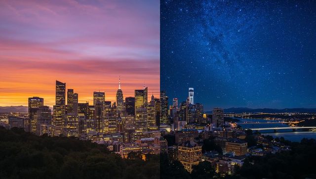 Split day-to-night city skyline with milky way over river and bridges twilight contrast