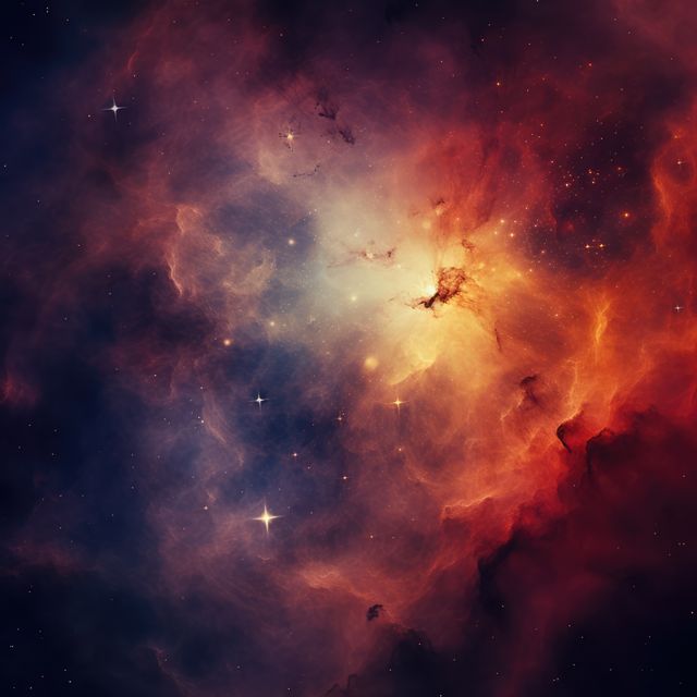 Depicts a captivating nebula with varying colors of red, orange, blue, and purple blending together, surrounded by numerous stars. Ideal for use in science articles, space exploration content, educational material on astronomy, or as a visually appealing background in digital or printed media.