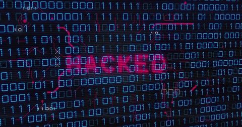 Glowing hacked alert in binary code interface