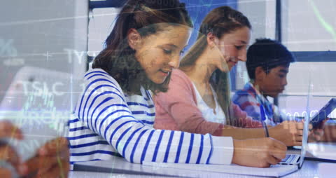 Diverse Students Engaged in Technology with Digital Overlay