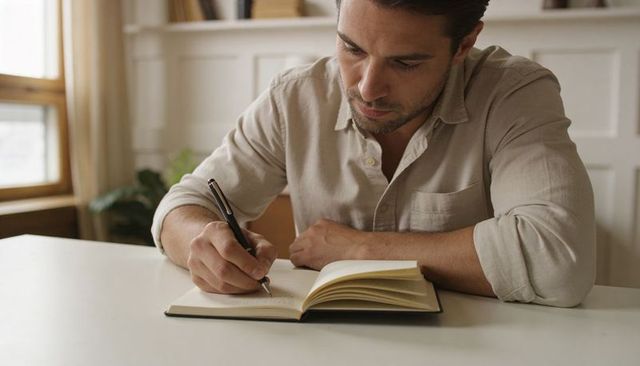 Man writing in journal at minimalist desk in natural light for focused productivity