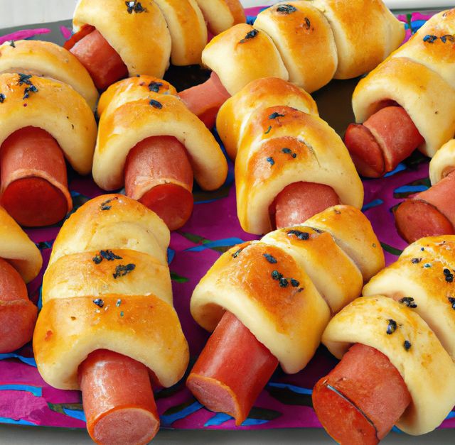 Freshly baked pigs in a blanket displayed on a colorful platter. Ideal for illustrating party scenes, family gatherings, or recipes. Perfect for content about appetizers, easy snacks, or cooking demonstrations.