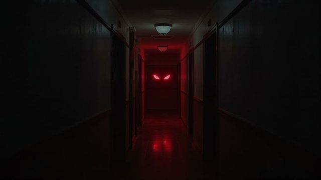 Eerie Red Eyes Glaring in Dark Hallway