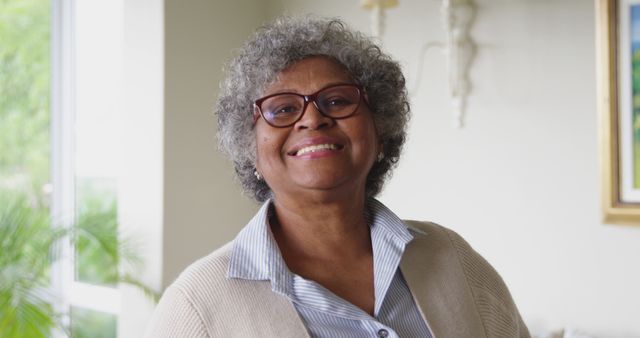 Elderly woman with grey hair and glasses smiling warmly in a comfortable home environment. She wears casual clothing and a soft expression, exuding warmth and happiness. Ideal for themes related to aging, home life, comfort, senior health, happiness, and positive lifestyle for seniors.