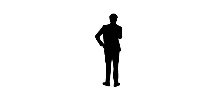 Silhouette of a business professional pondering with hands on hips. Perfect for themes such as business, decision making, professional situations. Useful in presentations, articles, or advertisements emphasizing thoughtfulness, strategy, and consideration.