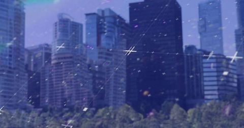 Digital Cityscape with Data Processing Elements and Global Connections