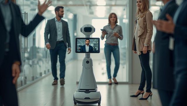 Telepresence Robot with Business Executive in Modern Office Environment