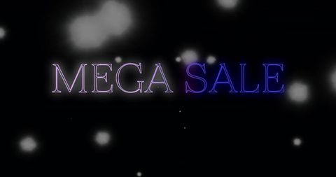 Glowing mega sale neon banner with purple blue bokeh and serif outline typography