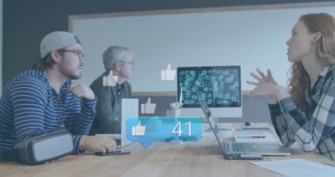 Group Business Meeting with Social Media Concept Icons Overlay