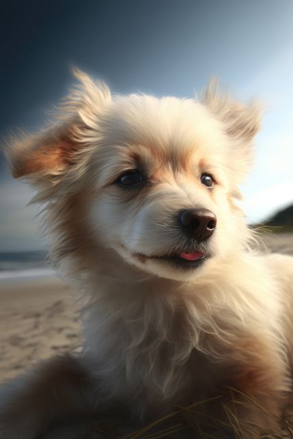 Fluffy dog lying on sandy beach during sunset, with the ocean in the background. Ideal for pet care advertisements, beach vacation promotions, magazine covers, or social media content about enjoying the outdoors with pets.