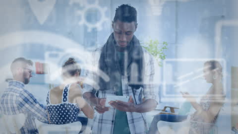 Diverse Team Engaged with Digital Devices Amidst Virtual Network Graphics