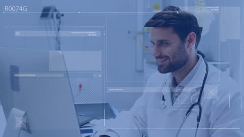 Smiling Doctor with Laptop and Futuristic Data Display