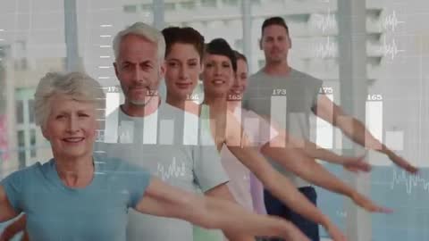 Fitness Group Holding Arms Out with Performance Data Overlays Tracking Workout Metrics