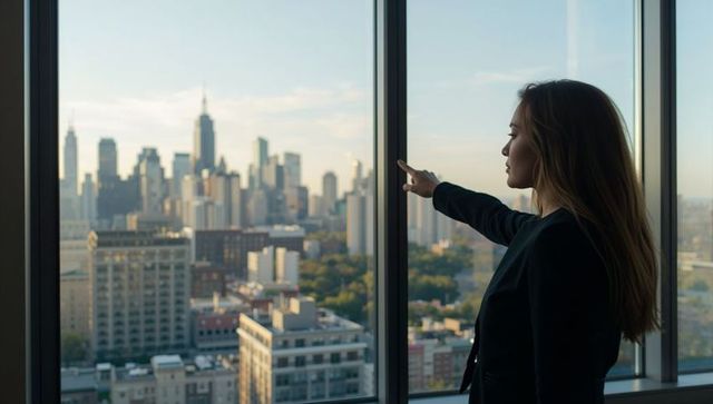 Businesswoman pointing toward city skyline from high-rise office window, urban corporate vision