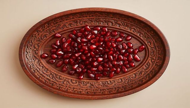 Ornate carved wooden platter with glossy pomegranate arils on beige surface