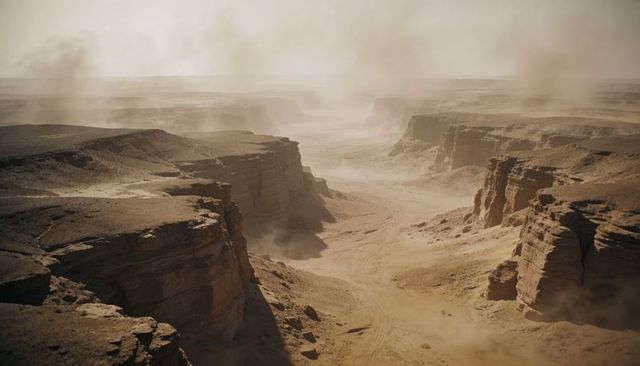 Dusty sandstone canyon with towering cliffs and winding ravine, dramatic desert landscape