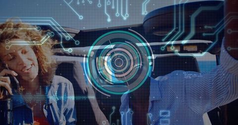 Augmented reality car hud overlay with smiling denim-clad passenger and driver steering