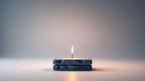 Flickering candle on elegant stone holder in dim studio