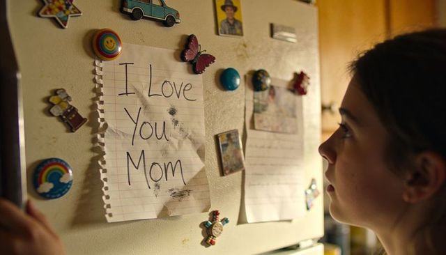 Teen girl reading i love you mom note on magnet-covered refrigerator, touching handle