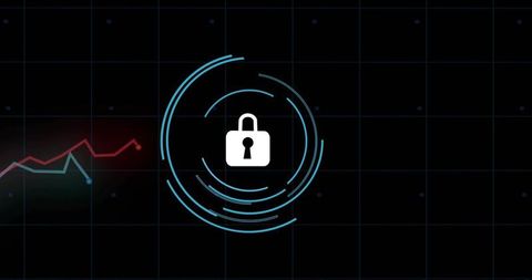 Neon cybersecurity lock hud featuring segmented cyan rings protecting digital data