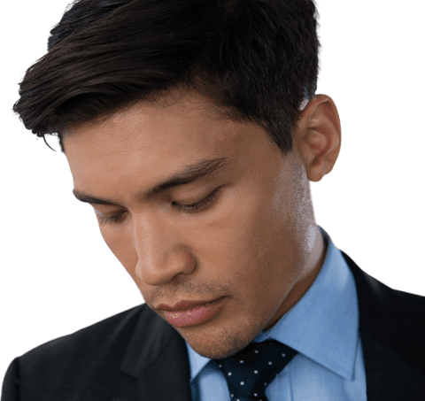 Young businessman wearing a suit and blue shirt, looking downward with a thoughtful expression on a transparent background. Ideal for use in corporate promotions, presentations, motivational posters, or business-related articles requiring a modern and professional look.